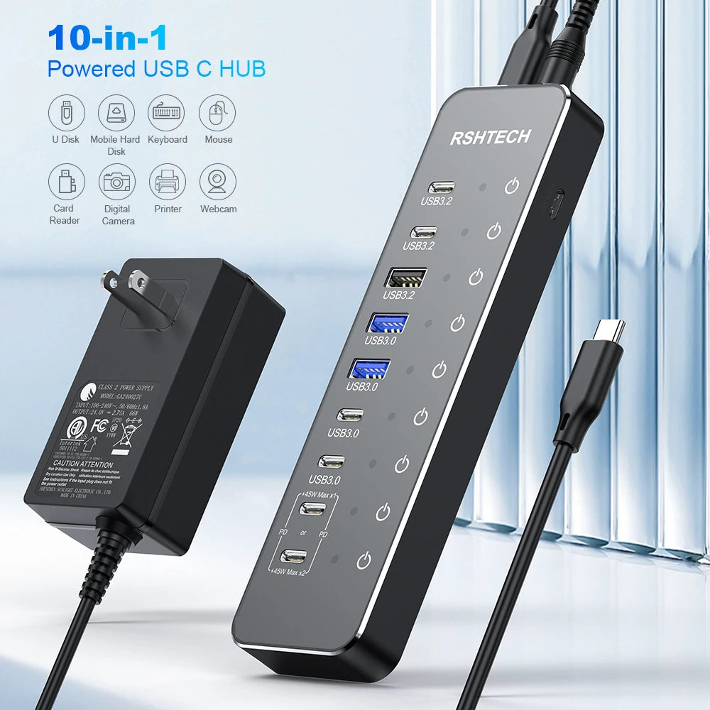 RSHTECH 10-in-1 Powered USB C Hub Splitter 10Gbps USB 3.2 Data Port PD100W Aluminum USB Multiport Adapter for MacBook Pro Air PC