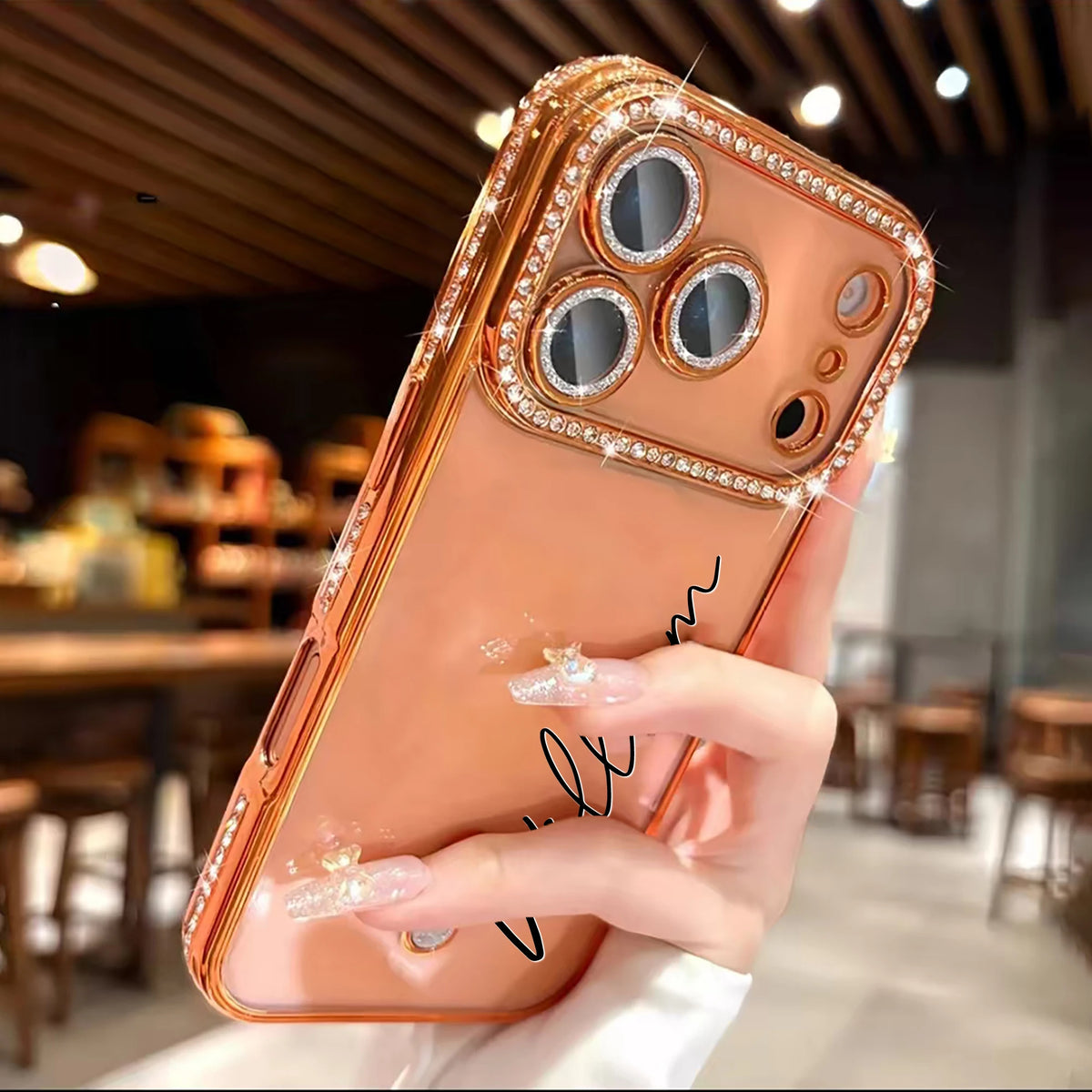 Custom Letters Name Starry Orange Rhinestone Glitter Frame Transparent Phone Case For iPhone 11 12 13 14 15 16 17Pro Max 17 Air