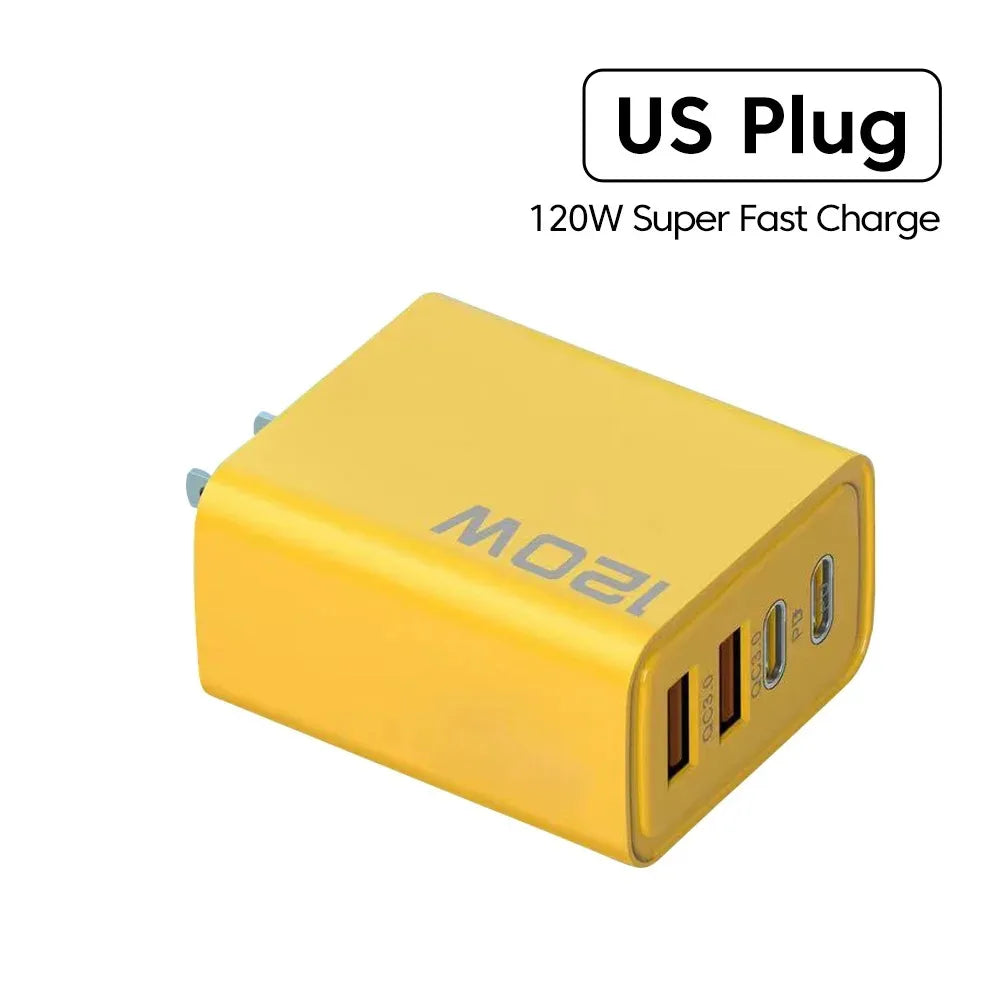 120W 4 Ports USB Charger Fast Charge Phone Charger Adapter Type C Cable For iPhone Samsung Xiaomi EU/US/UK Plug Wall Charger