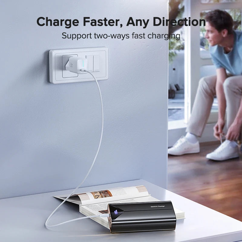 QOOVI 20000mah Power Bank 22.5W Fast Charging Built-in Cable External Large Battery Portable Charger For iPhone Samsung Xiaomi