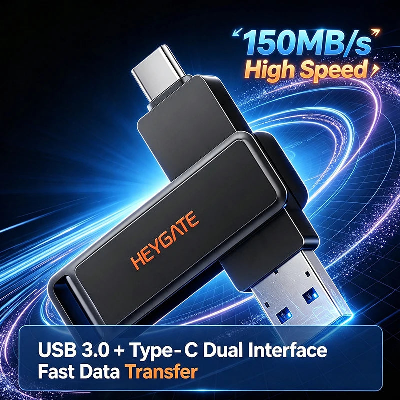 HEYGATE OTG Dual Interface USB3.2 Gen1 Type C Flash Drive 32GB 64GB 128GB 150MB/s High Speed Metal Pendrive For Phone Laptop PC