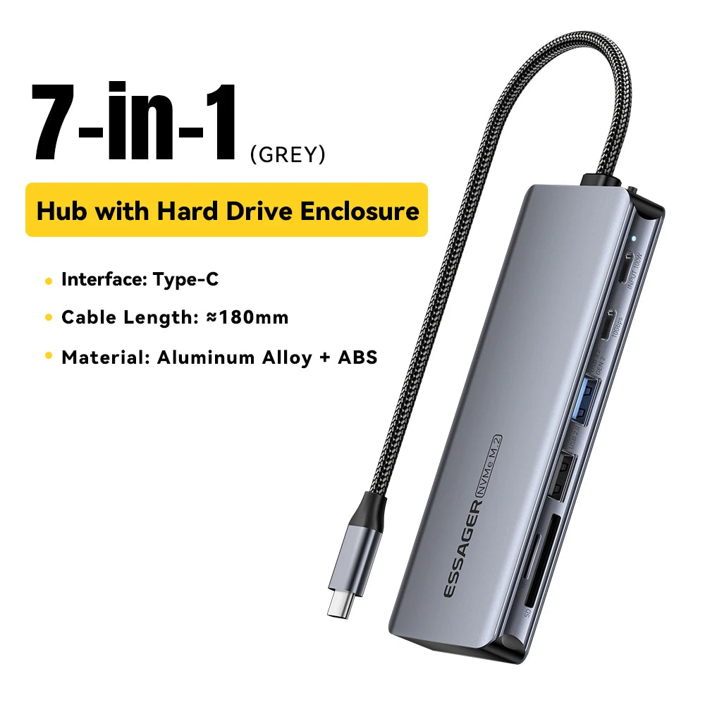 Essager USB C Hub With M.2 SSD Hard Disk Enclosure 6/7 in 1 PD100W USB3.2 10Gbps HDMI USB Type C Adapter for Macbook Pro Air PC