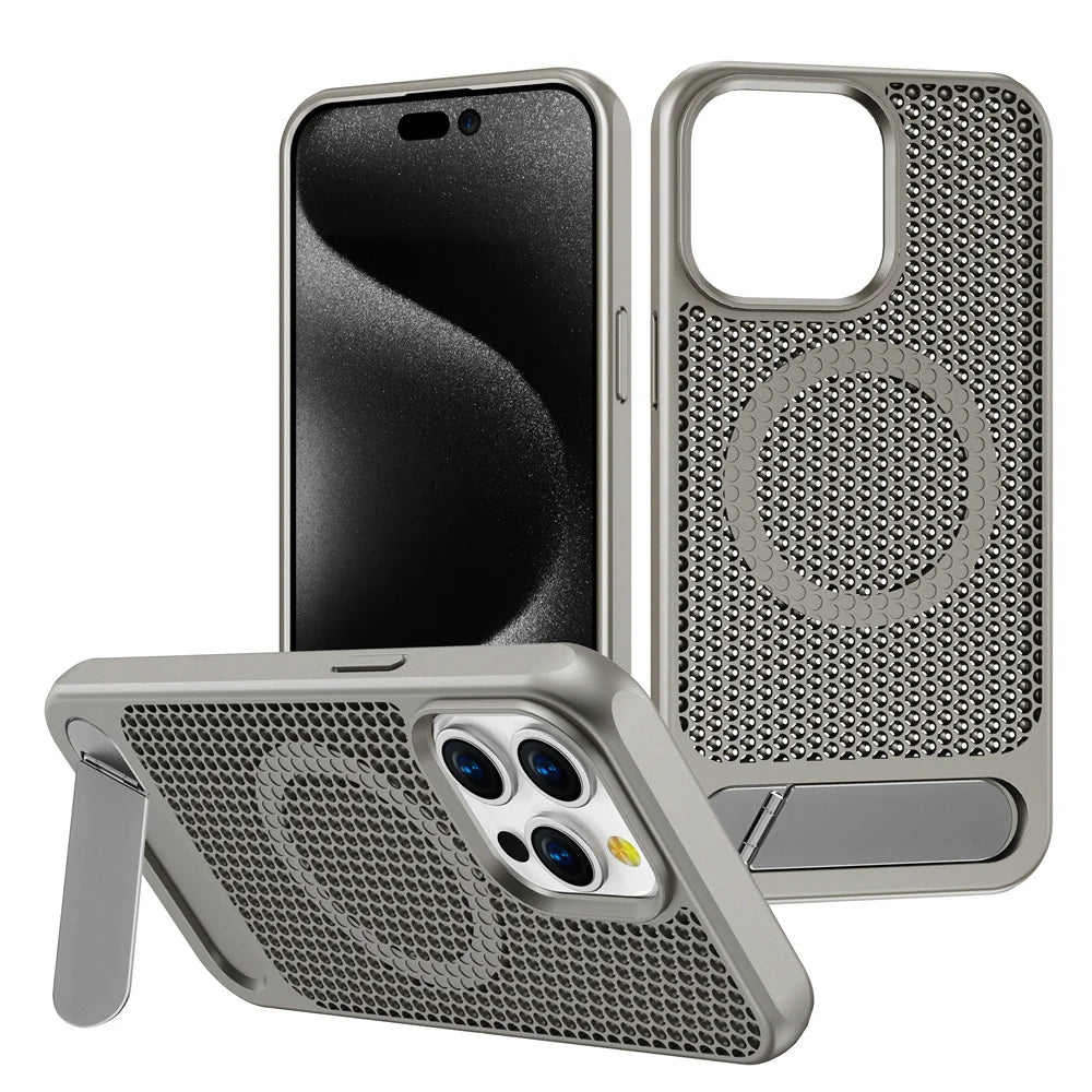 Luxury Cooling Stand Magnetic Phone Case For iPhone 17 16 15 14 11 12 13 Pro Max Heat Dissipation Plain Color Shockproof Cover