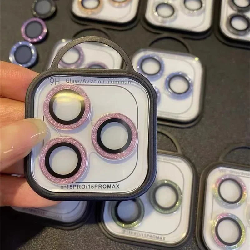 2-3Pcs For IPhone 17 16 15 Pro Max Camera Lens Protector Green Glitter Decoration Ultra-HD Tempered Glass Cover Protective Ring