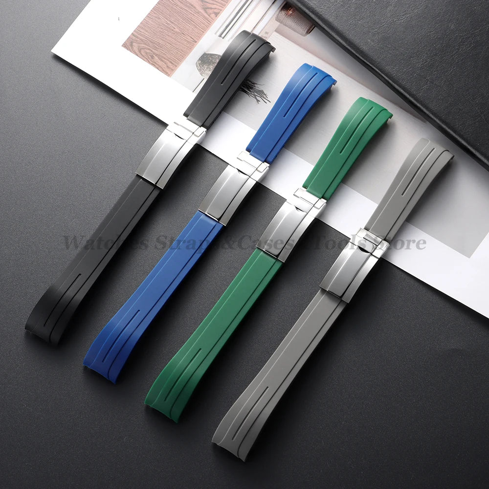 Curved Rubber Watch Bracelet 20mm 21mm 22mm for Rolex Green Water Ghost for Oysterflex Waterproof Silicone Folding Buckle Straps