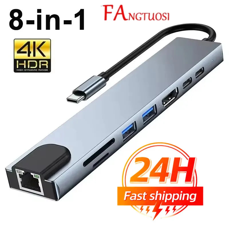 FANGTUOSI Usb 8 In 1 Type C 3 1 To 4k HdTV Hub Adapter With Sd Tf Rj45 Card Reader Pd Fast Charge For Macbook Notebook Computer