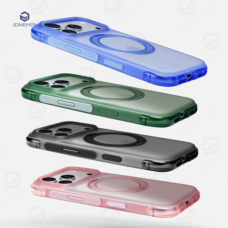 For Magsafe Anti-knock Airbag Matte Translucent Case For iPhone 16 17 18 Pro Max Rotate Magnetic Bracket Shockproof Armor Cover