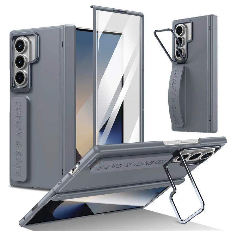 For Samsung Galaxy Z Fold 7 6 5 4 3 Wristband Hinge Lens Holder Phone Case Outer Screen Glass Film Protection Shockproof Cover