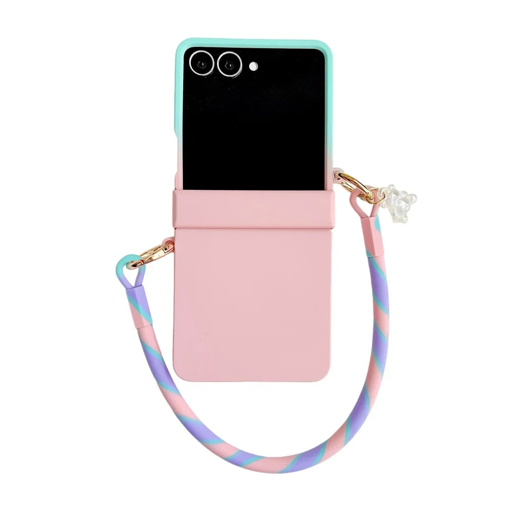 Skin Feeling Wireless Magnetic Lanyard Phone Case For Samsung Galaxy Z Flip 3 4 5 6 7 8 Macaron Gradient Cord PC Hard Shell