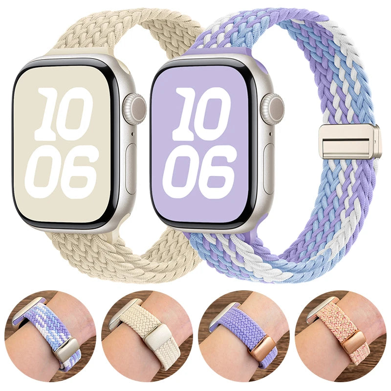 Braided Loop for Apple Watch 38 40 41 42 44 45 46 49mm for Woman Magnetic Nylon Elastic Replacement for Iwatch Series10 9 8 7 6