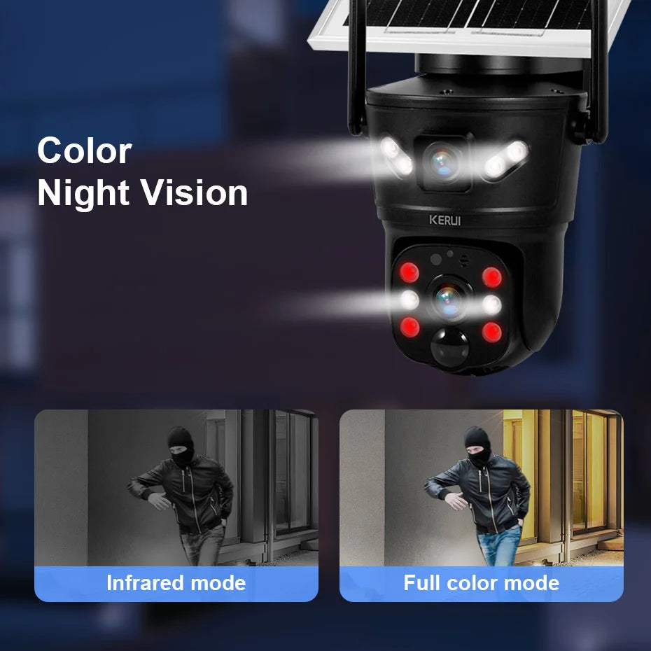 KERUI Outdoor Waterproof 6MP 4G SIM WIFI Solar Camera Dual Lens Camera Solar Panel Home Security CCTV Video Surveillance V380pro