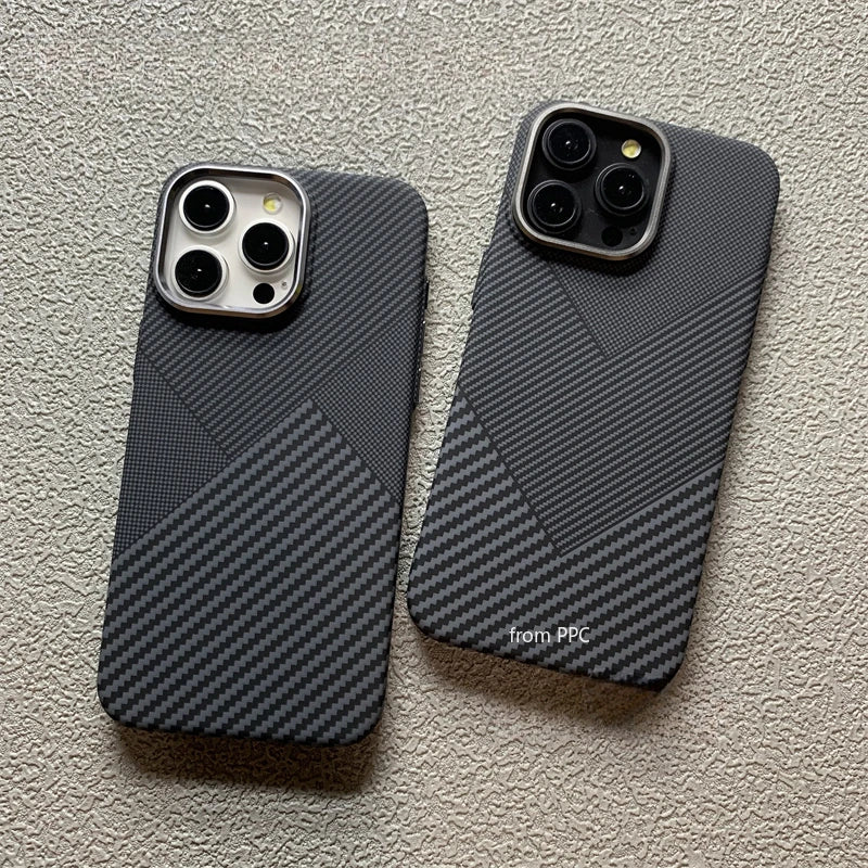 Geometric Relief Carbon Fiber Pattern Case for iPhone 16 17 Pro Max 15 Cover Magnetic Hard Charging Shell Alloy Camera Shields