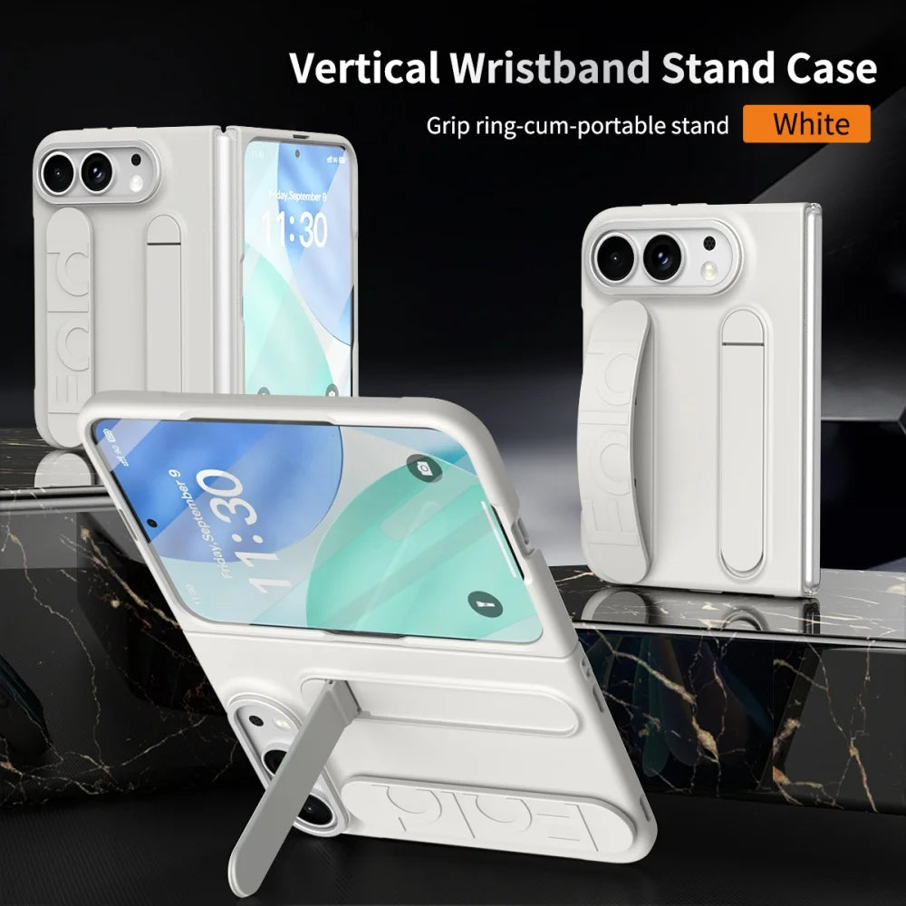 For iPhone Duo Cases Luxury Wrist Strap Bracket Stand Holder Case for iPhone Duo 18 Fold Solid Color Built-in Front Film Cover