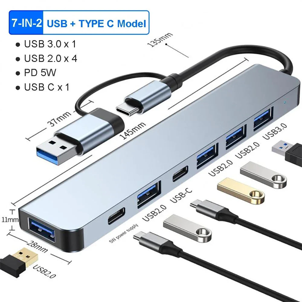 USB C Hub 7 In 1 Multi USB Hub Splitter 7 Port USB3.0/2.0 High Speed Docking Station for MacBook Notebook Laptop