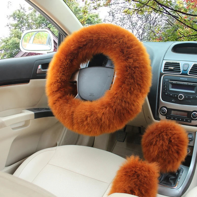 YESPLEASE 3pcs/set Wool Winter Car Steering Wheel Cover Long Australian Wool Heated Fur Handbrake Gear Shifter Cover