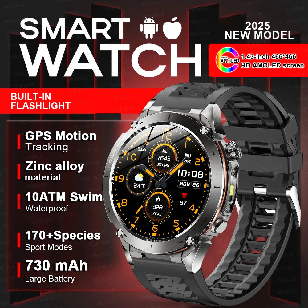 Outdoors TANK New GPS SmartWatch Man Dual-Band GNSS Military 10ATM Waterproof LED Flashlight Compass Altimeter NFC HD Call Watch
