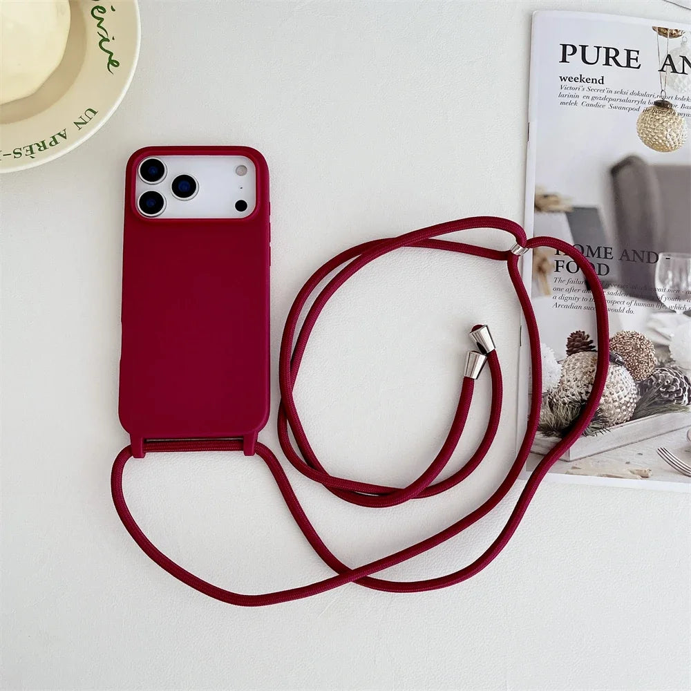 Crossbody Lanyard Cord Liquid Silicone Soft Phone Case for Apple IPhone 17 Air 16 15 14 Plus 13 Pro Max Matte Strap Candy Cover