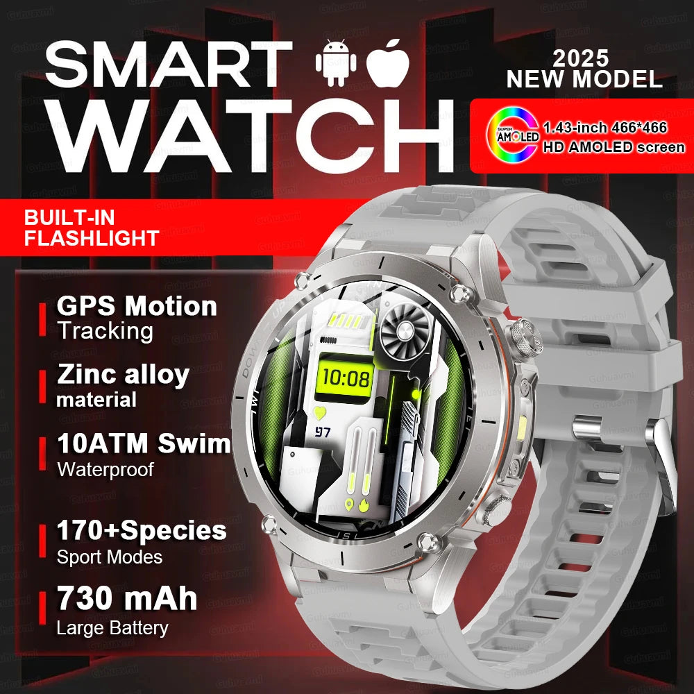 Outdoors TANK New GPS SmartWatch Man Dual-Band GNSS Military 10ATM Waterproof LED Flashlight Compass Altimeter NFC HD Call Watch