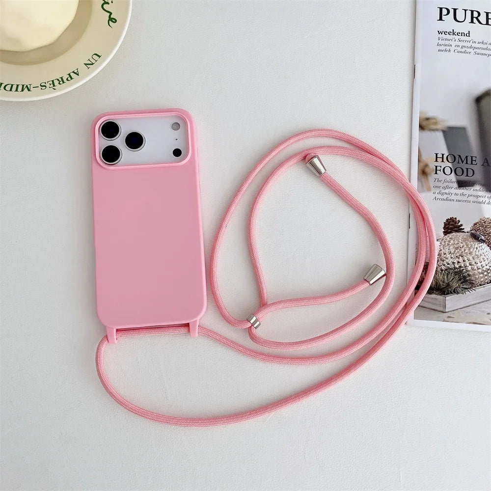 Crossbody Lanyard Cord Liquid Silicone Soft Phone Case for Apple IPhone 17 Air 16 15 14 Plus 13 Pro Max Matte Strap Candy Cover