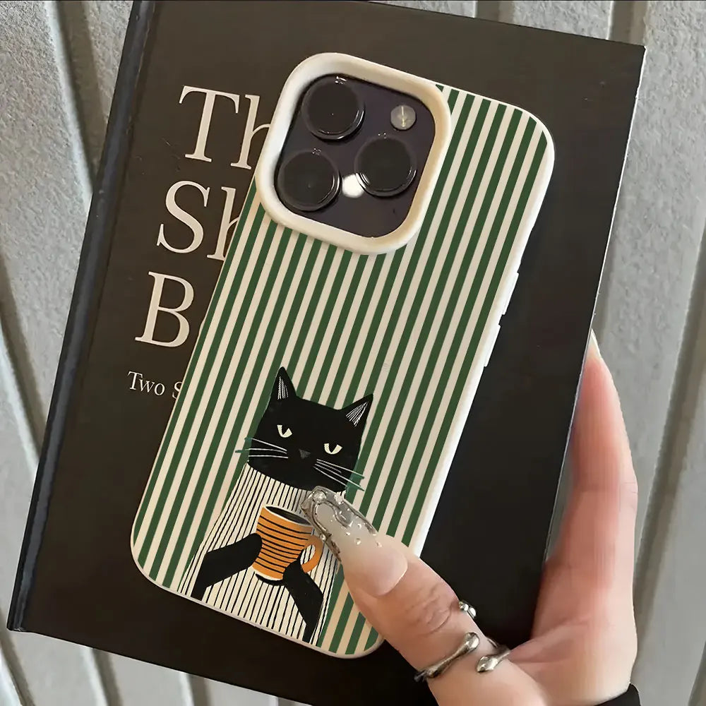 Funny Coffee Cat Pattern Lychee Soft Phone Case For iPhone 17 16 15 14 13 12 11 Pro Max 15 Plus 17 Air X Xs XR Shockproof Cover