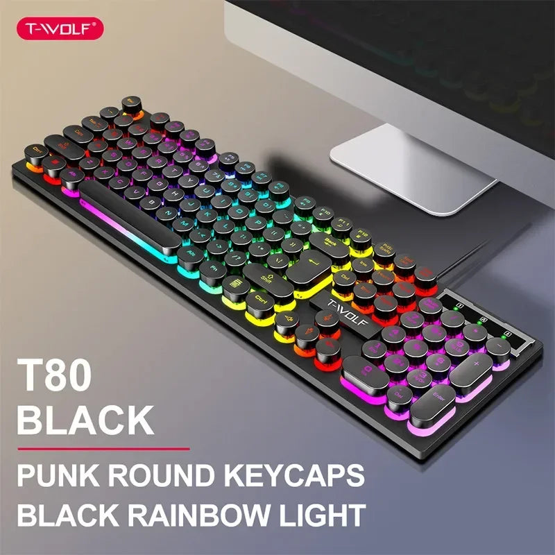 T80 Gaming Mechanical Feel Keyboard Wired 104 Keys Keyboard USB Retro Punk Game Office Suspended Keycap Cool RGB Lighting Effect