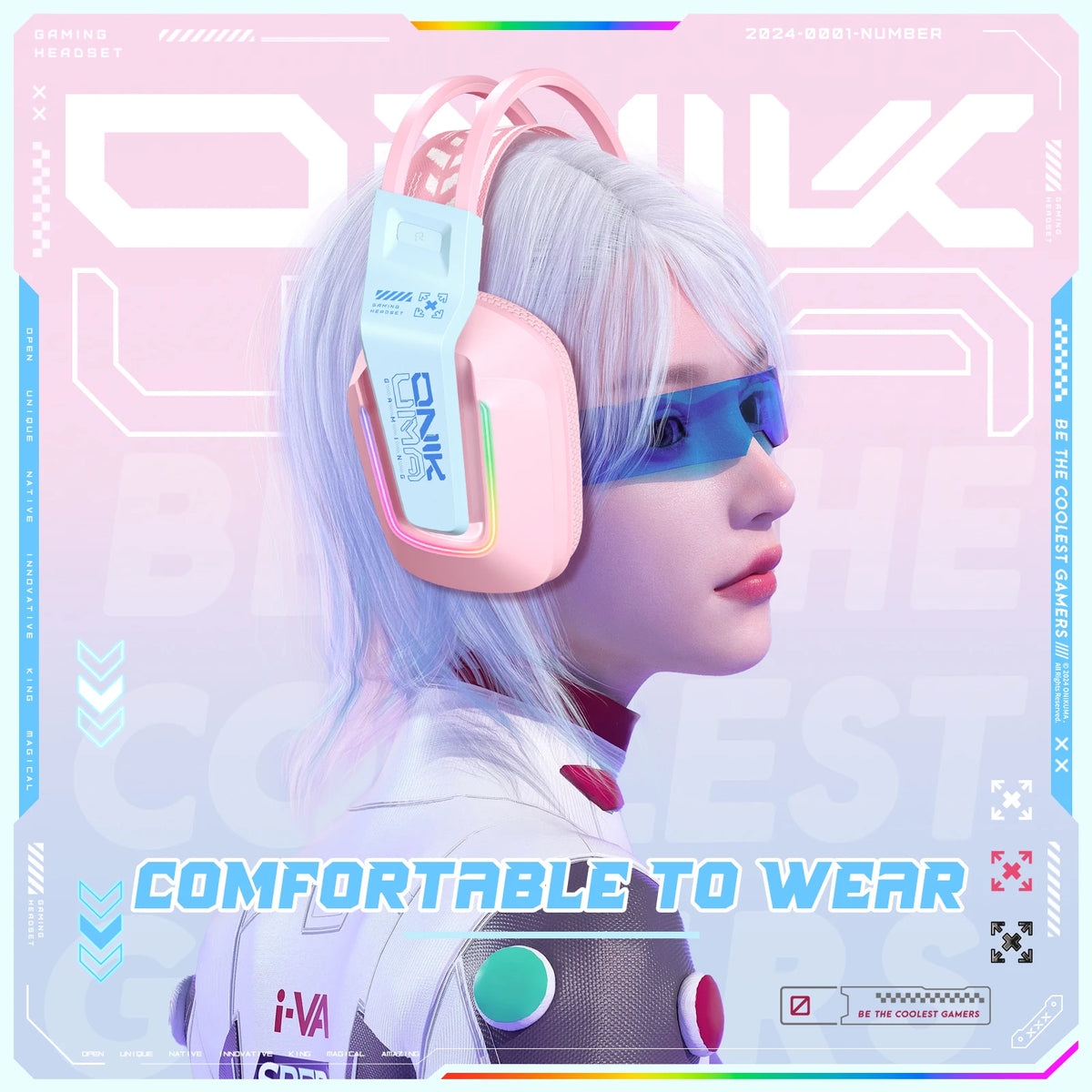 ONIKUMA X13 Over-Ear Headphones Gaming Headset Wired Cancelling Earphones Pink Cat Ears Rgb Light With Mic For PC PS4