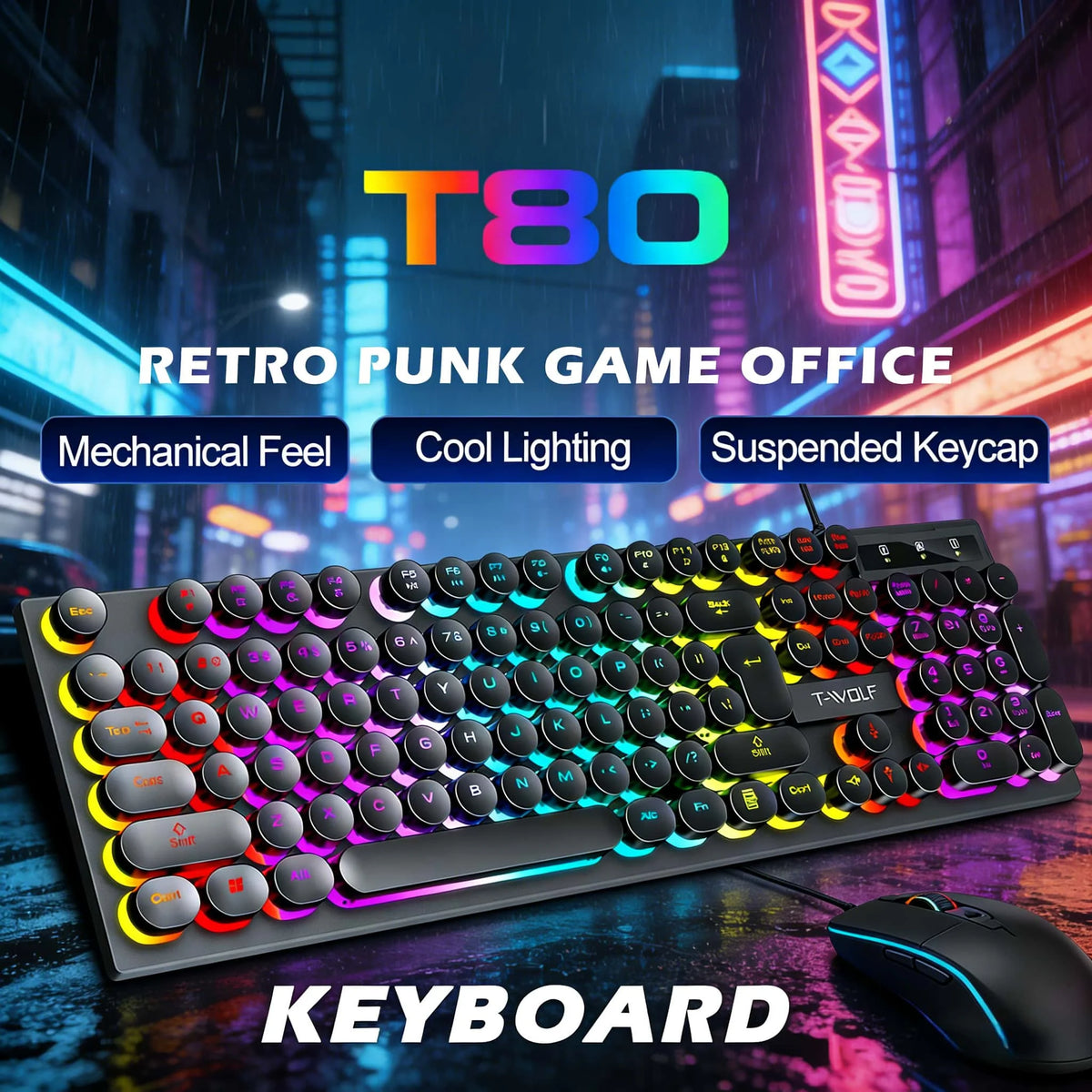 T80 Gaming Mechanical Feel Keyboard Wired 104 Keys Keyboard USB Retro Punk Game Office Suspended Keycap Cool RGB Lighting Effect