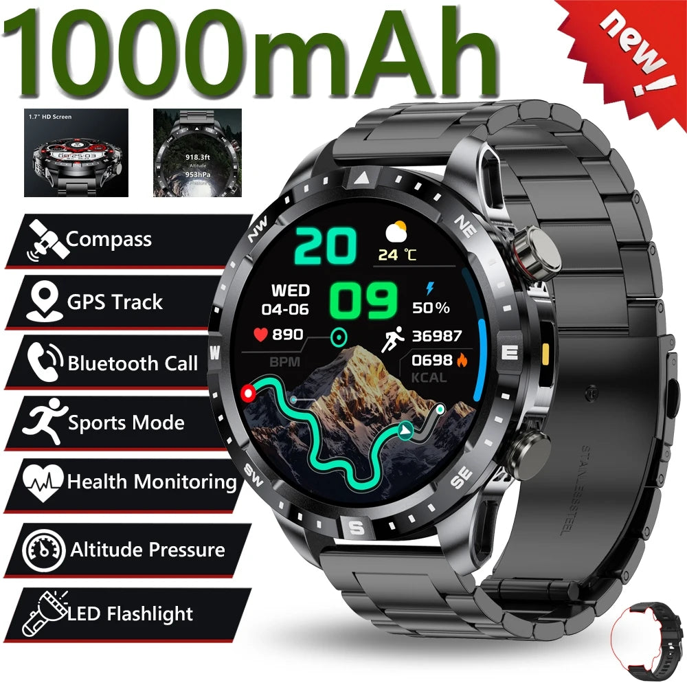 2026 New Military 1000mAh Battery Smart Watch 1.7-inch HD Large Screen LED Flashlight Sport Mode Bluetooth Call Smartwatch Men