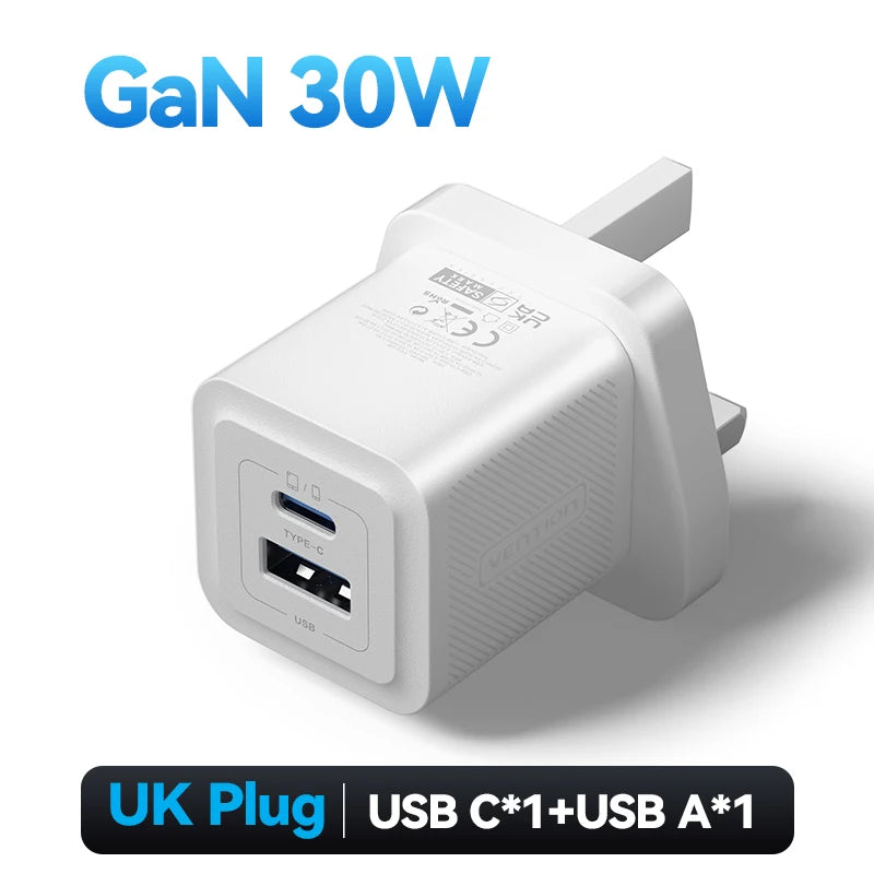 Vention GaN 30W Fast Charger for iPhone 17 16 15 14 13 PD3.0 Charger for iPad Pro Xiaomi Samsung USB Type C Mobile Phone Charger
