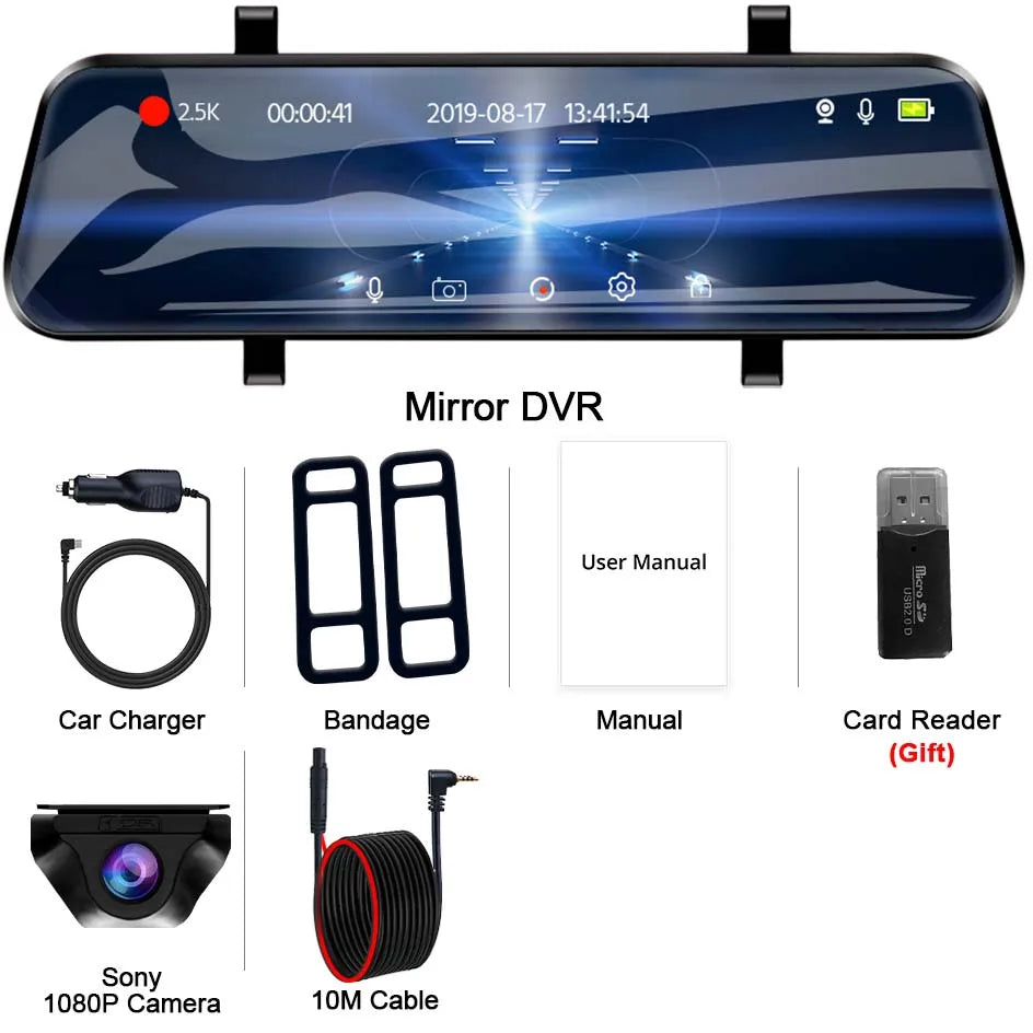 E-ACE 2.5K Mirror Camera For Car Touch Screen Video Recorder Rearview Mirror Dashcam 1440P GPS Wifi 24H Parking DVR Black Box