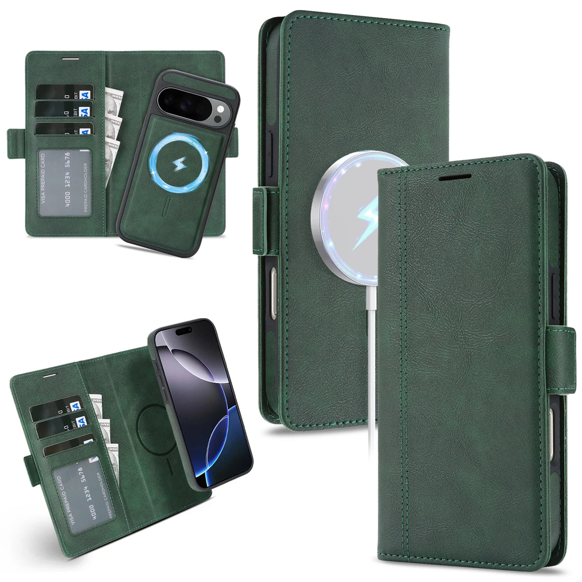 2 In 1 Leather Case For Google Pixel 9 9a 9Pro 10 Pro 10Pro XL Cash Card Slots Wireless Charging Magnetic Wallet Phone Cover