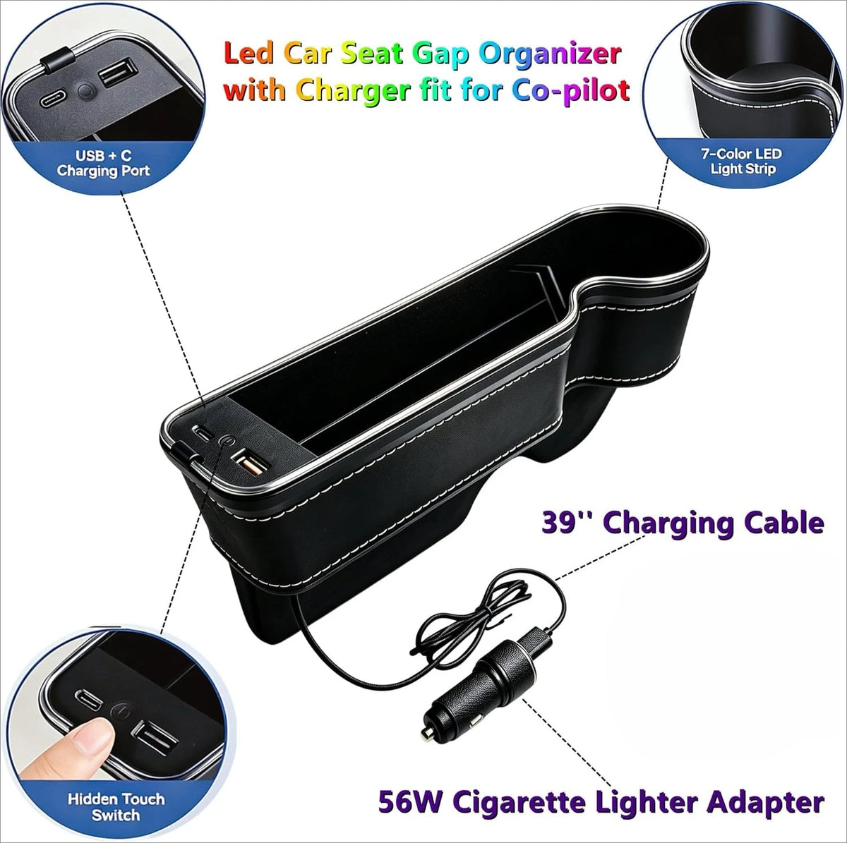 7 Color Led Car Seat Gap Filler Organizer Car Seat Pocket Gap Filler, Car Gap Organizer Storage Console Side Seat Gap Filler