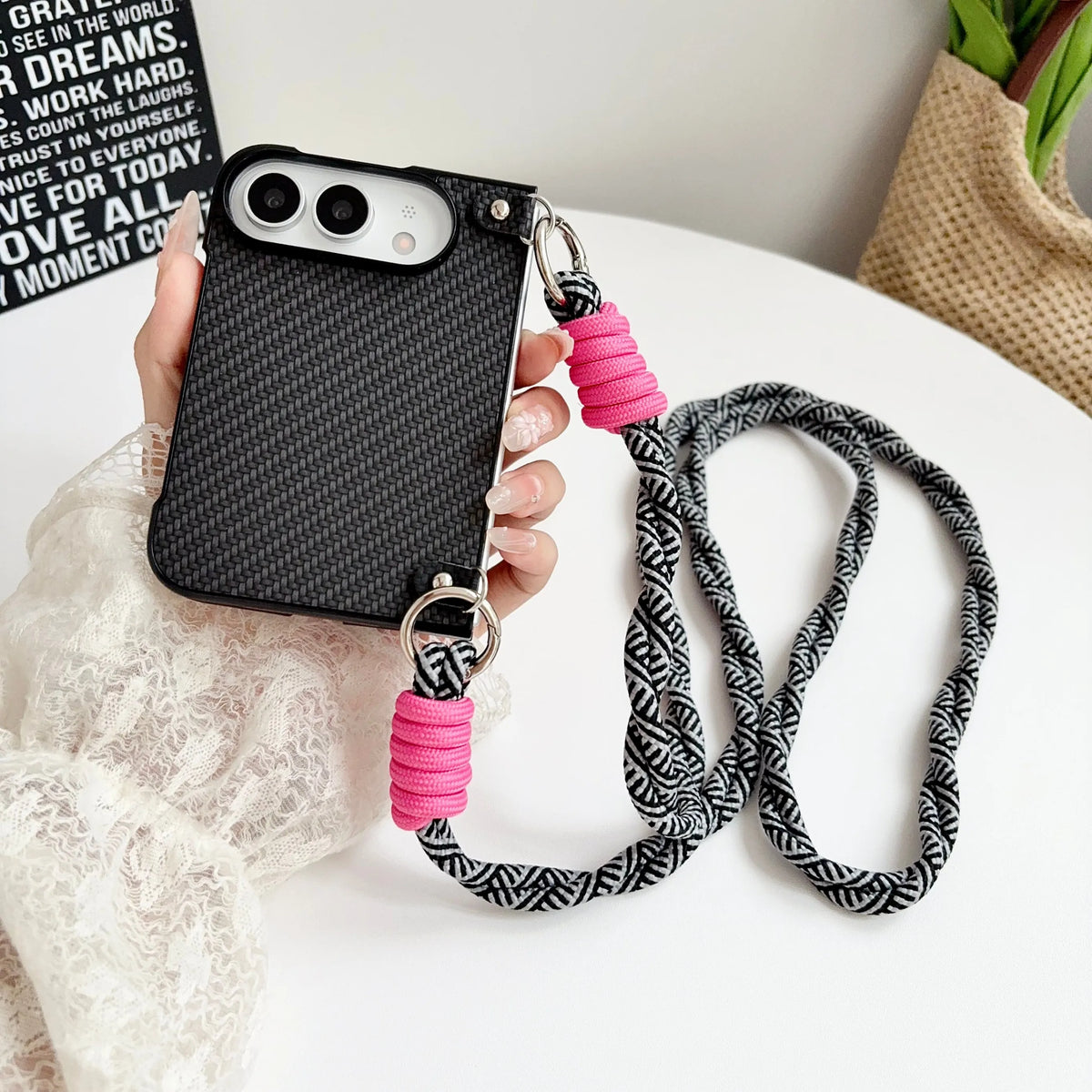 For iPhone Duo Fold Phone Case Crossbody Lanyard Solid Color Woven Case Shockproof Anti Scratch for iPhone Duo Protective Cover
