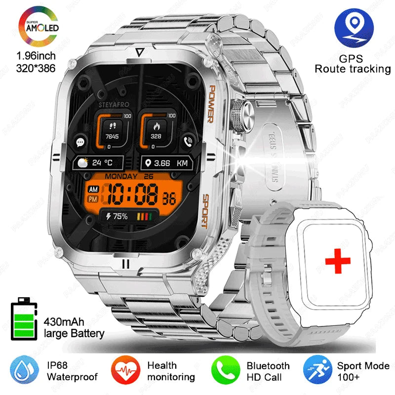 Smartwatch 3ATM Waterproof 1.96''HD Screen BT Call Health Monitor Flashlight 880MAH Battery Sports Smart Watch For Android iOS