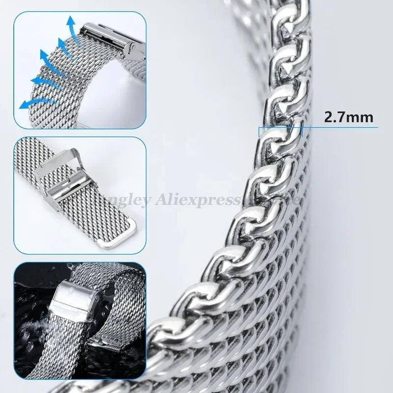 1.0mm Milanese Mesh Watchband Stainless Steel Shark Mesh Watch Strap 18mm 20mm 22mm 24mm Quick Release Bracelets for Seiko Belts