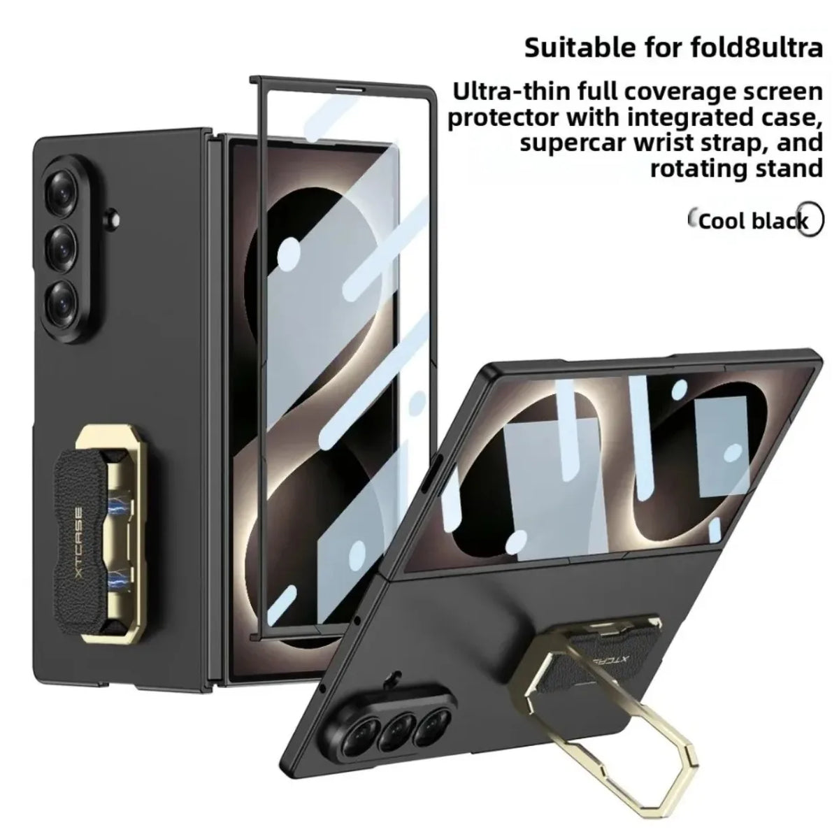 Wristband Bracket Holder Kickstand Phone Case with Front Tempered Glass Film for Samsung Galaxy Z Fold 8 Ultra 7 Fold8 Fold7 5G