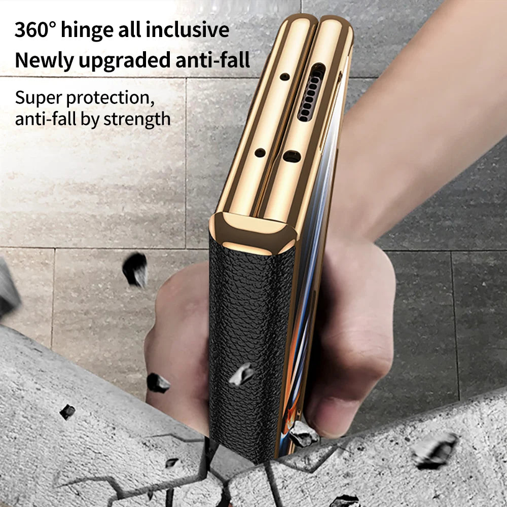 Leather Flip Case for Samsung Galaxy Z Fold 7 6 5 4 3 8 Fold8 ULtra Fold7 Plating Magnetic Hinge Stand Cover with Mirror Film