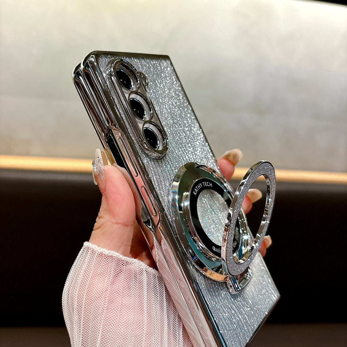 Ring Electroplate Sparkling Phone Case for Samsung Galaxy Z Fold 7 6 5 4 3 Fold6 Fold5 Fold4 Fold7 Magnetic Shockproof Cover