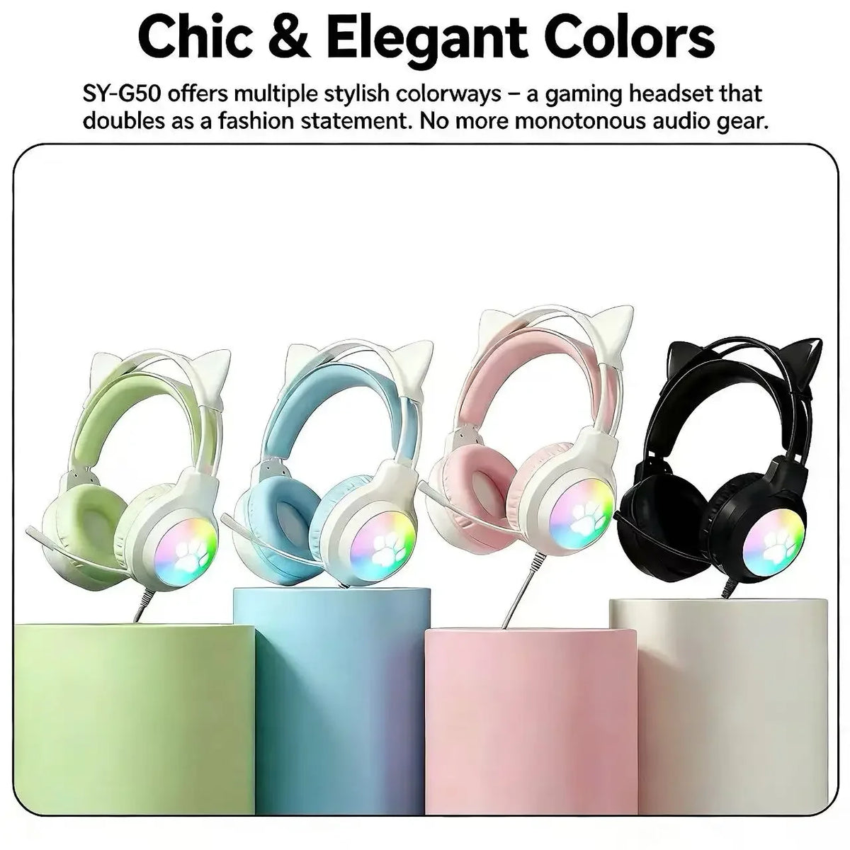 SOYTO Wired Cat Ear Headphones RGB LED Light Up Gaming Headset 3D Deep Bass Stereo Headphones with Mic for PC Laptop Girls