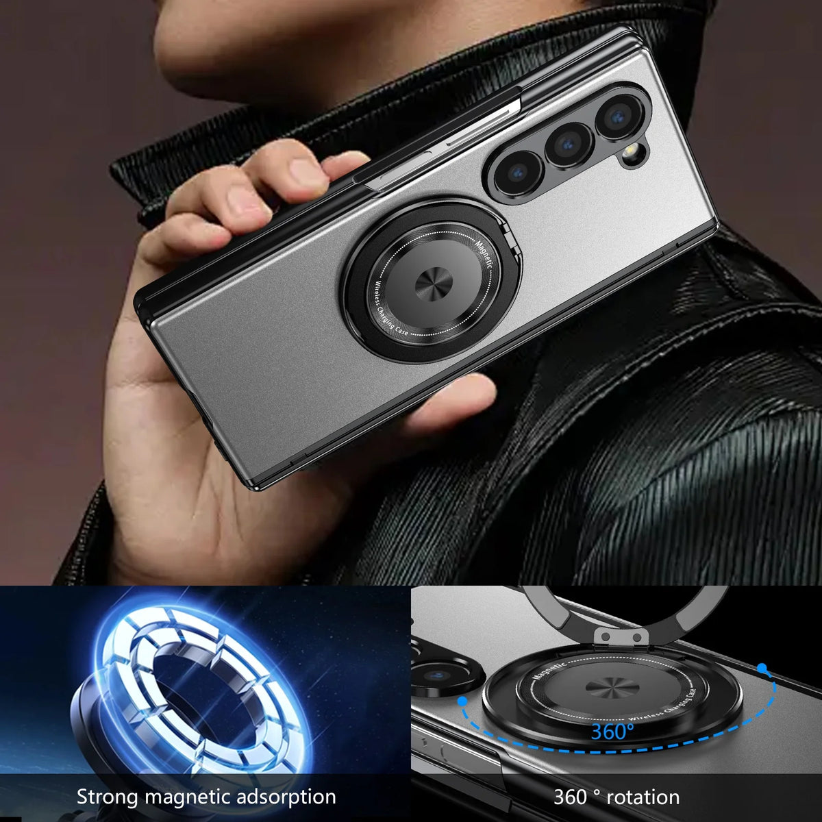Aluminum Alloy Back Cover Phone Case for Samsung Galaxy Z Fold 8 Ultra 7/6/5/4 with 360° Rotating Ring Kickstand,Hinge Protector