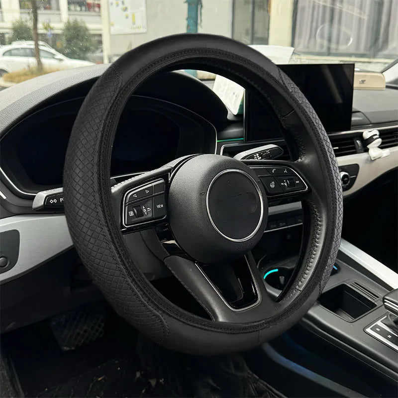PU Leather Steering Wheel Cover 15\"/38CM Universal Fit Anti-Slip Car Steering Protector With Good Grip Install Easily Interior Accessories Auto Steering Protector