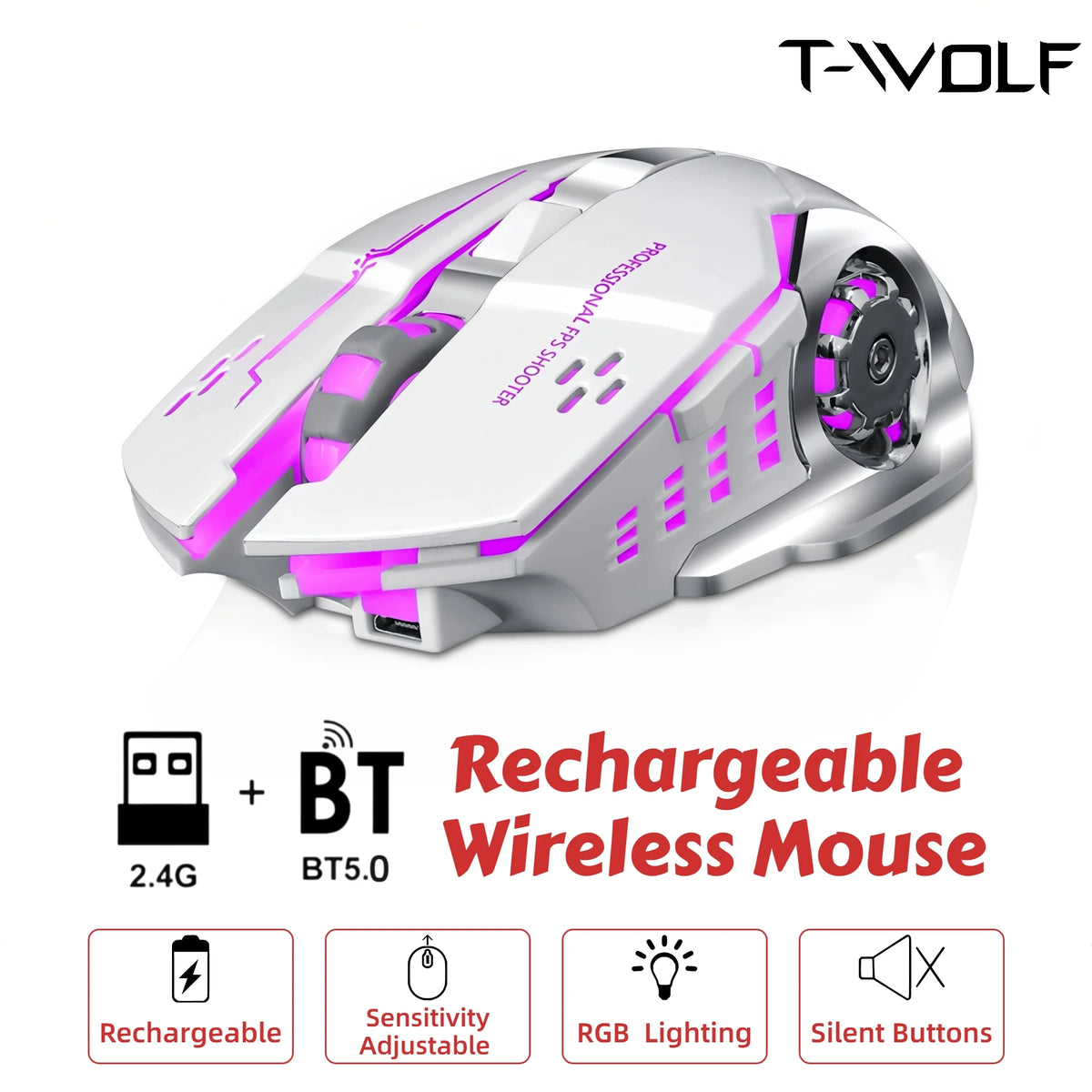 Wireless Gaming Mouse Bluetooth 2.4G Dual Mode RGB Silent Rechargeable Back to School Ergonomic 2400DPI Mice for MacBook Laptop Student