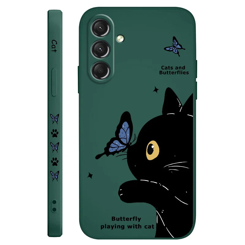 Cat Butterfly Phone Case For Samsung Galaxy S25 S24 S23 S22 S21 S20 S10 Ultra Plus FE Note 20 Ultra 10 Plus Cover