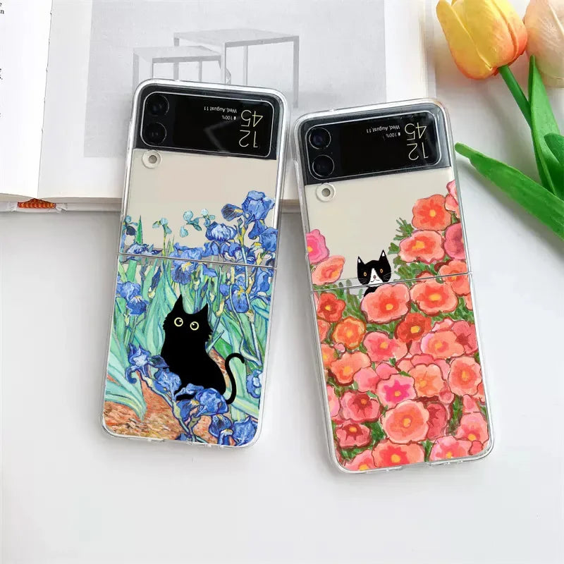 Retro Painting Van-Gogh Black Cat Case for Samsung Galaxy Z Flip 6 ZFlip7 Transaprent Cover for Samsung ZFlip 8 5 4 3 Fundas