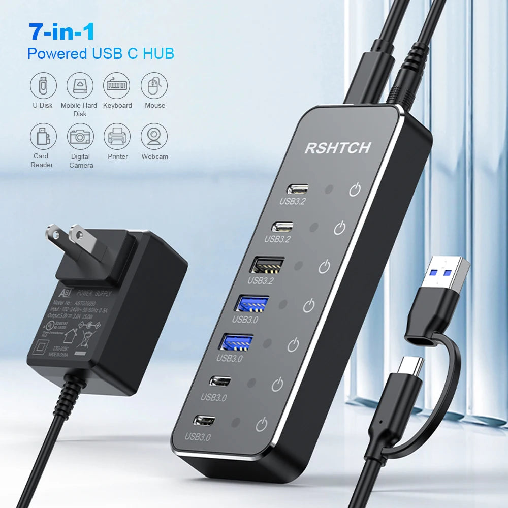 RSHTECH 7-IN-1 USB Hub 10Gbps Data Transfer Individual Touch Switches USB-C Extension Splitter for Laptops Computer Accessories