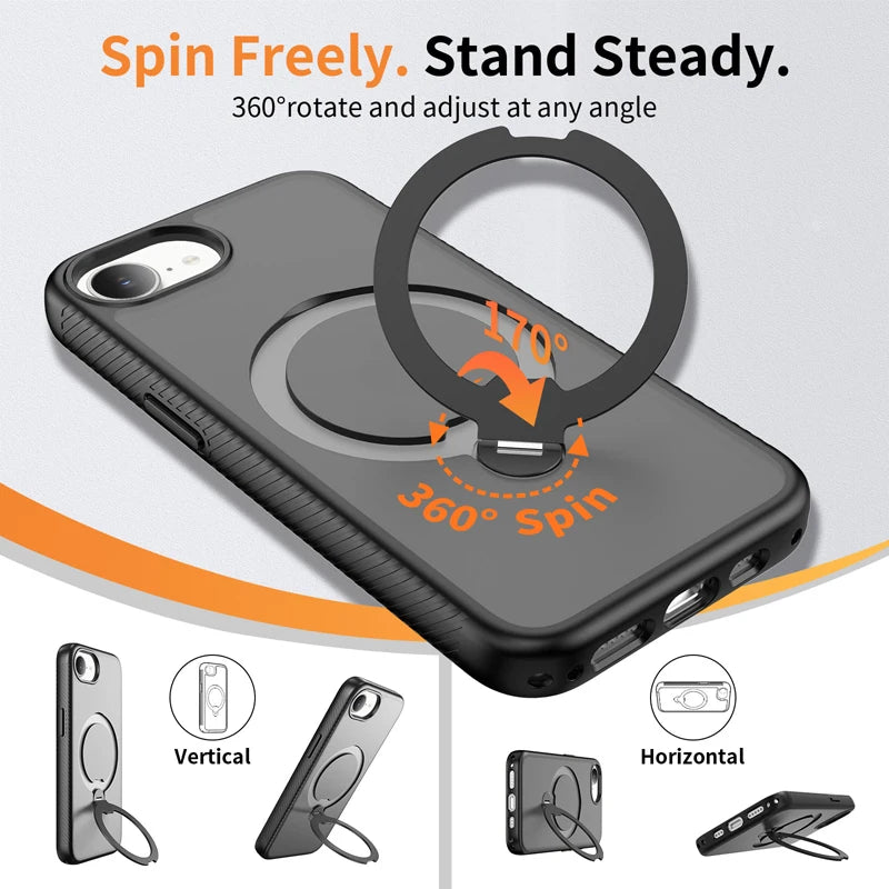 For iPhone 17E 16E Case ELVEV Magnetic Matte Hard PC+Soft TPU with Rotating Ring Bracket Protection Phone Cover