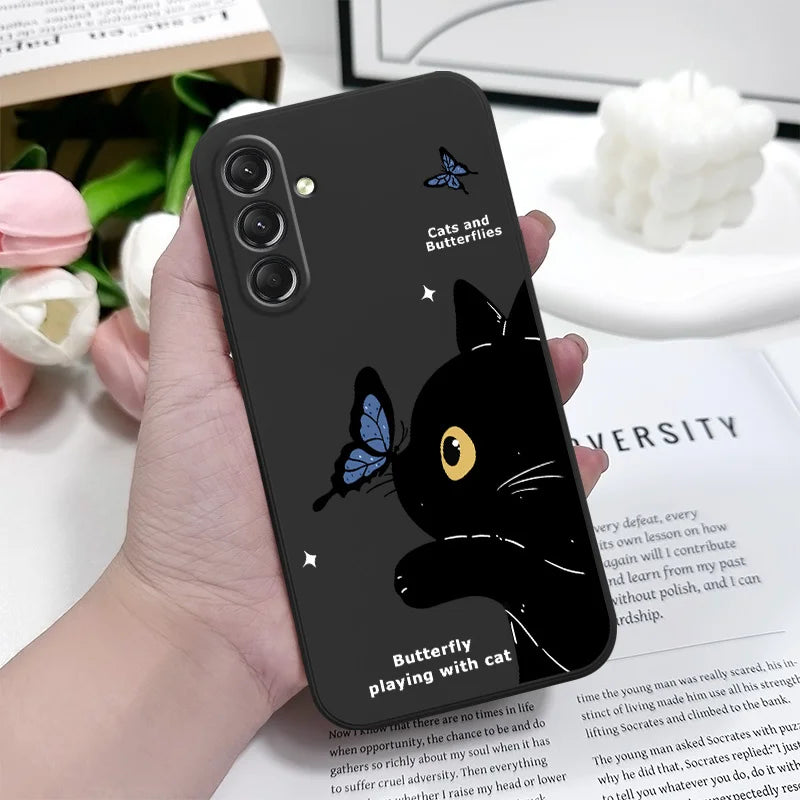 Cat Butterfly Phone Case For Samsung Galaxy S25 S24 S23 S22 S21 S20 S10 Ultra Plus FE Note 20 Ultra 10 Plus Cover