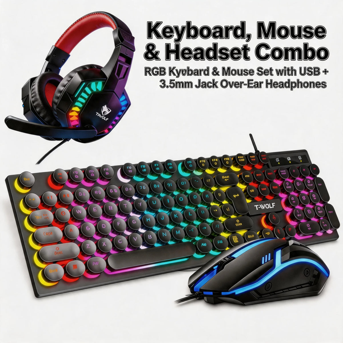 RGB Gaming Keyboard Mouse Headset Combo Wired USB 3.5mm LED Backlit Round Keycaps Gaming Set for PC Laptop PS4 Xbox Gaming Setup Back to School Gamer Gift