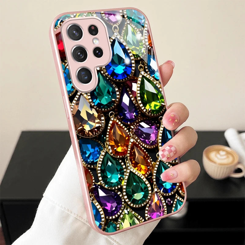 Colorful Teardrop Gem Pink Metallic Glass Phone Case For Samsung Galaxy S26 S25 S24 S23 Ultra Plus FE S8 S9 S10 Note8 9 10 Cover