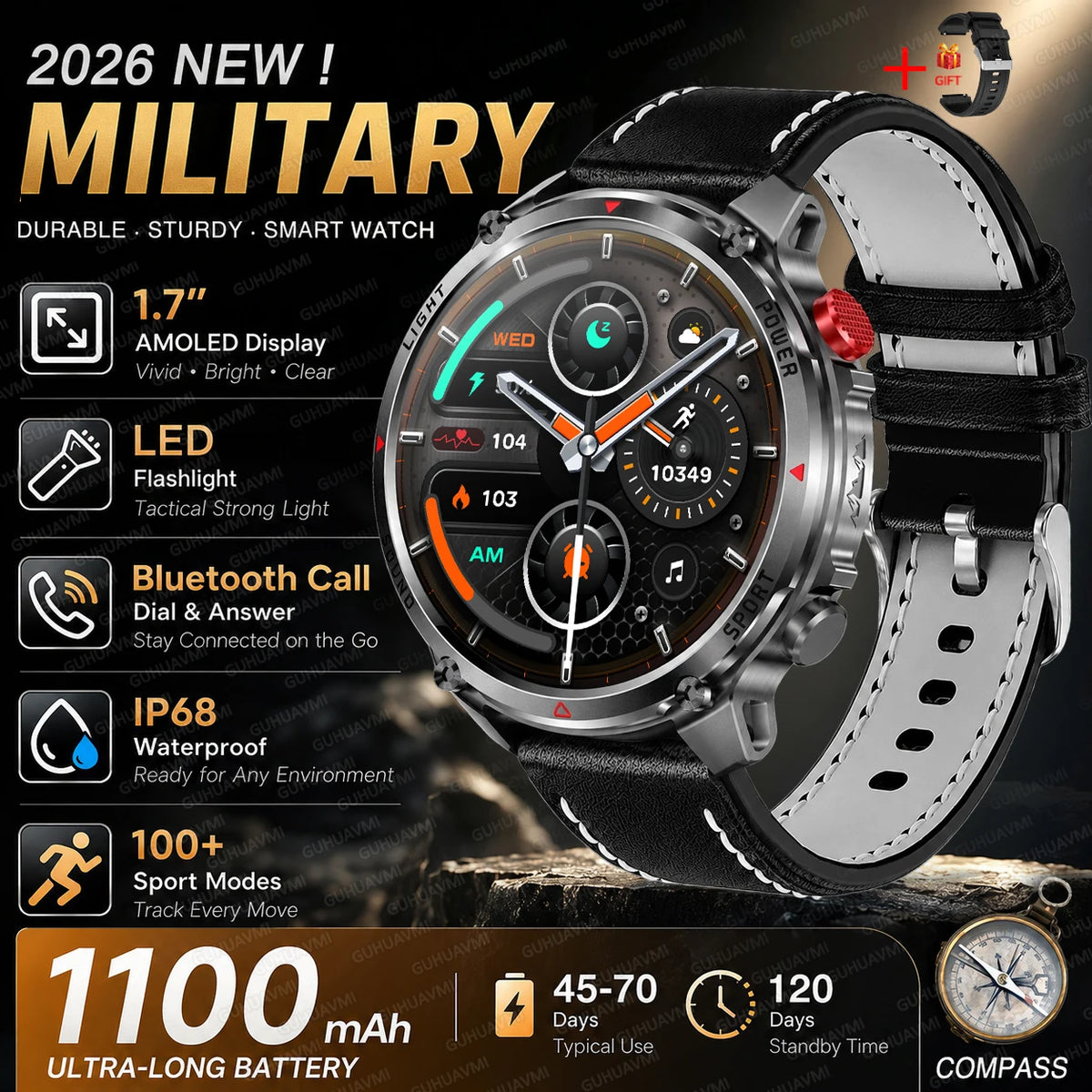 New Men Outdoor Military 1100mAh Large Battery Smart Watch Compass GPS Track IP68 Waterproof LED Flashlight BT Call Smartwatch